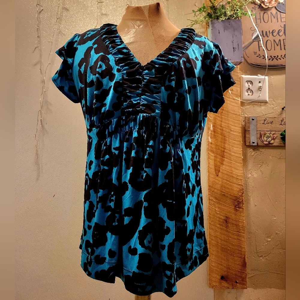 Worthington Teal and Black Ruched Blouse